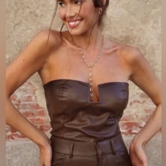 Zara Tops - Zara Chocolate Faux Leather Strapless Bodysuit